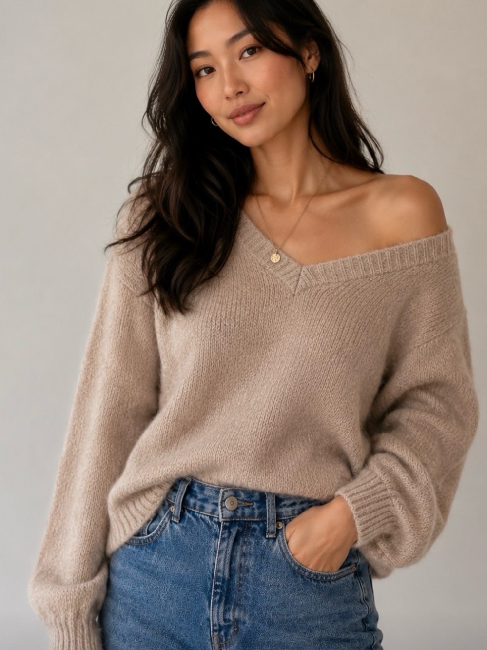 Jason Wu Beige V-Neck Knit Sweater